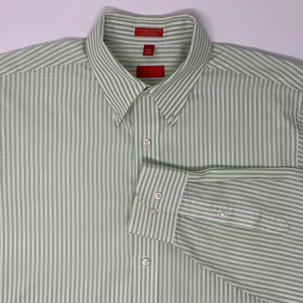 IZOD Red Label 80's 2 Ply Pin Print Green Stripe Mens Long Sleeve Shirt Sz Large